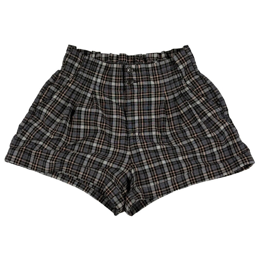 American Eagle Plaid High Rise Paperbag Shorts Women’s Size 8 Black Pink Gray